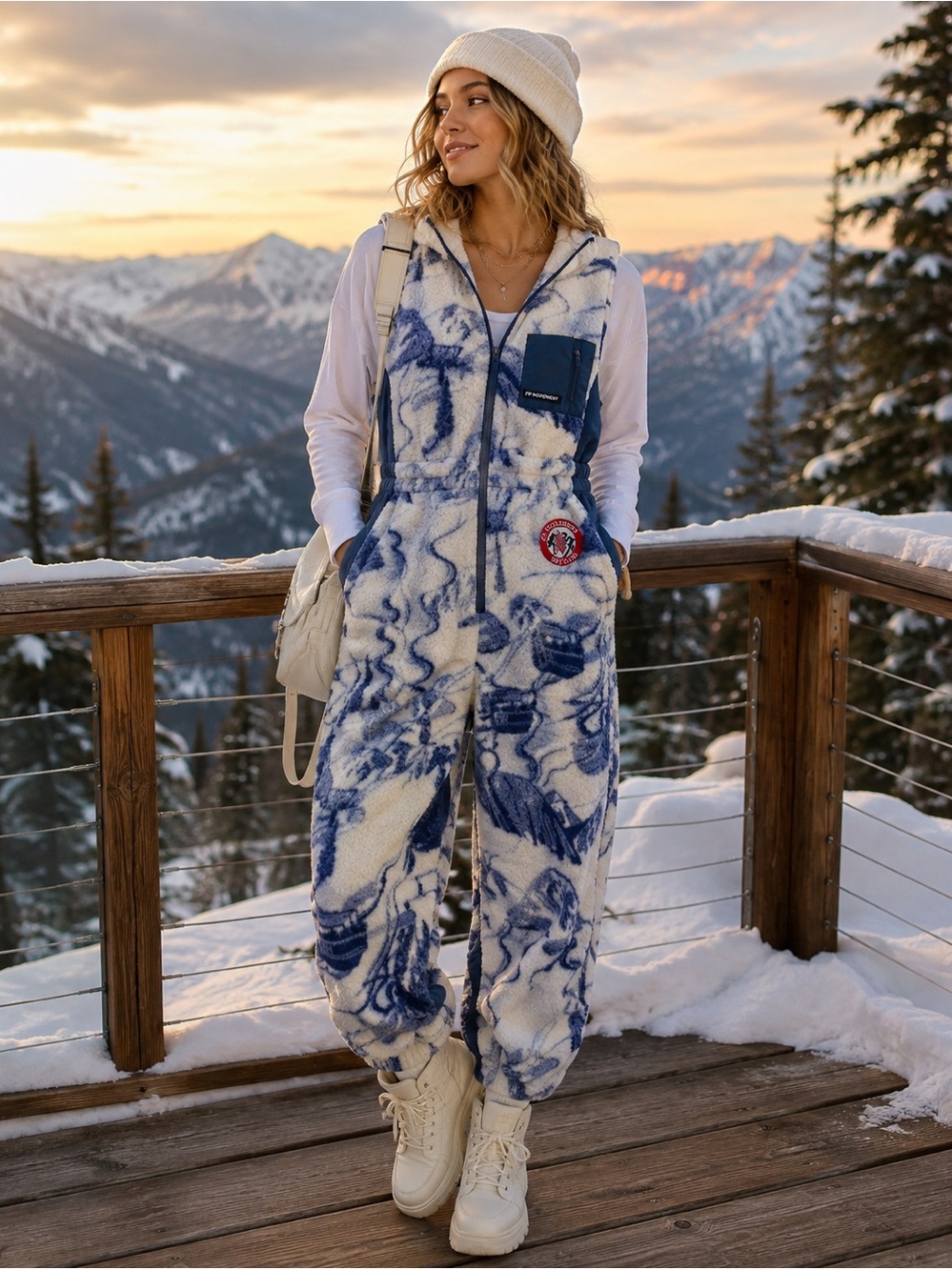Free People FP Movement Printed Sherpa Fleece Salopette Jumpsuit XS NWOT